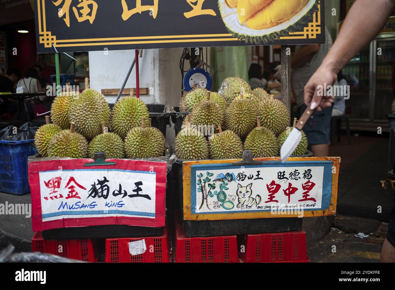 24/02/2019, Singapour, République de Singapour, Asie, stand vendant des durians frais sur un marché de rue à Chinatown, Asie Banque D'Images