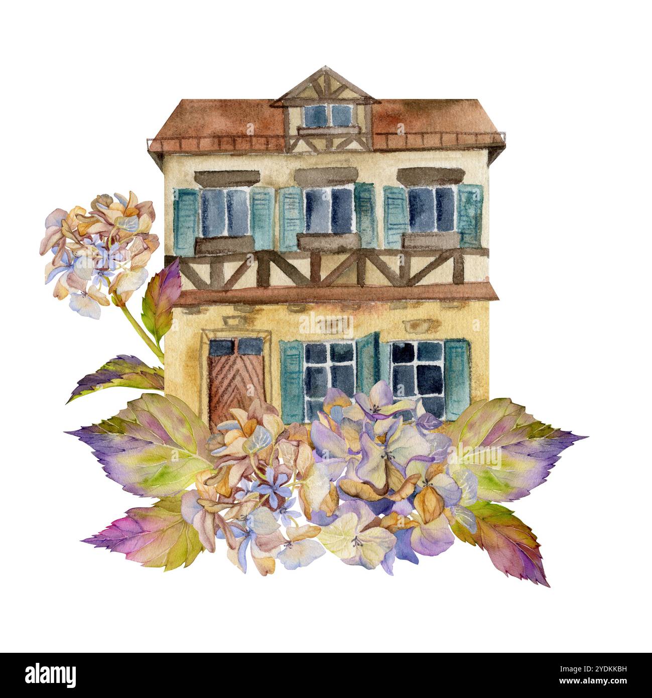 Vieille ville européenne rue de la ville maisons façades, hortensia hortensia fleurs. Bâtiment historique de paysage urbain. Aquarelle illustration dessinée à la main. Touriste Banque D'Images