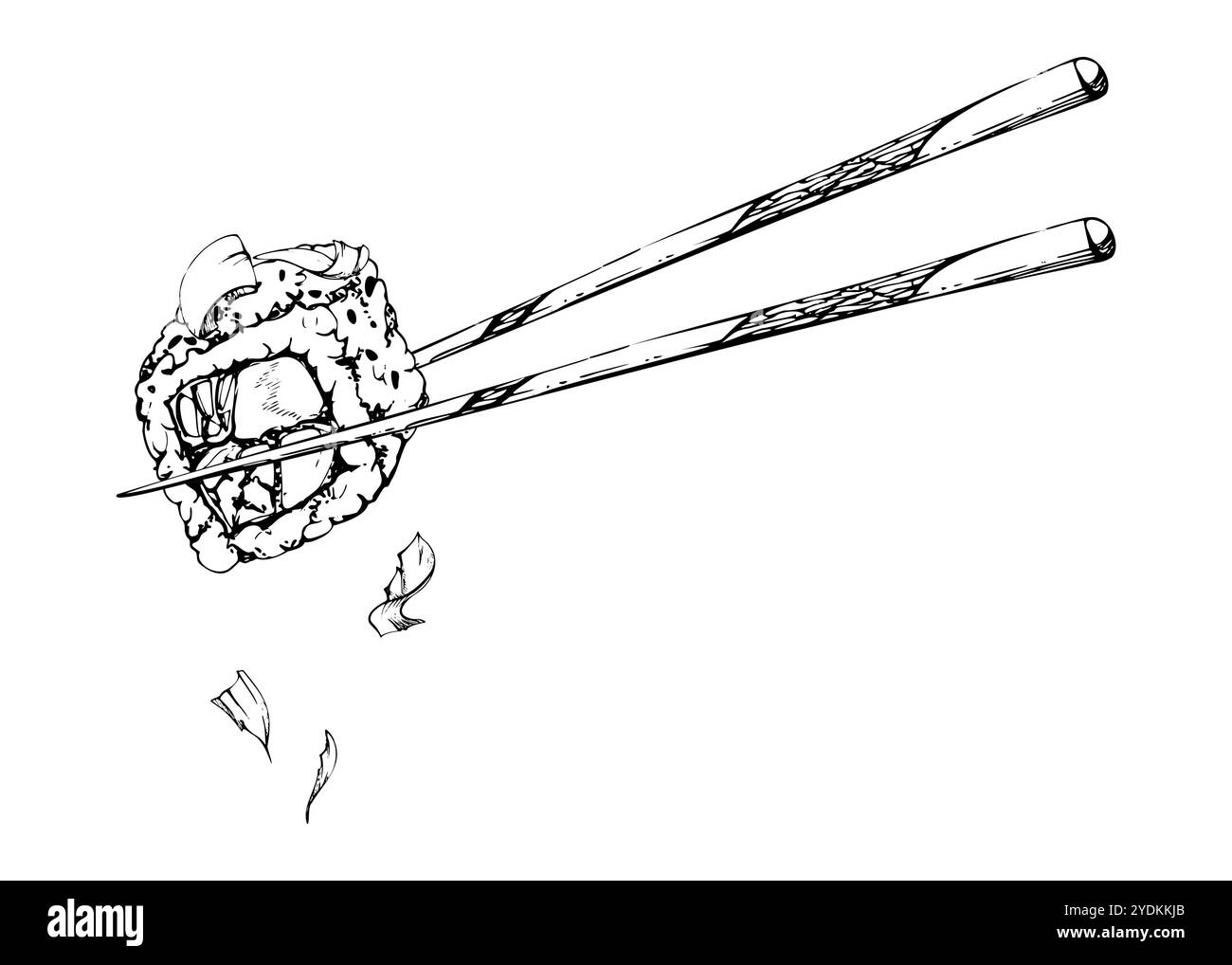 Rouleaux de sushi alimentaire japonais sur baguettes avec poisson cru saumon avocat thon sésame, californie philadelphie alaska, dessiné à la main dans un stylo vectoriel et à l'encre Illustration de Vecteur