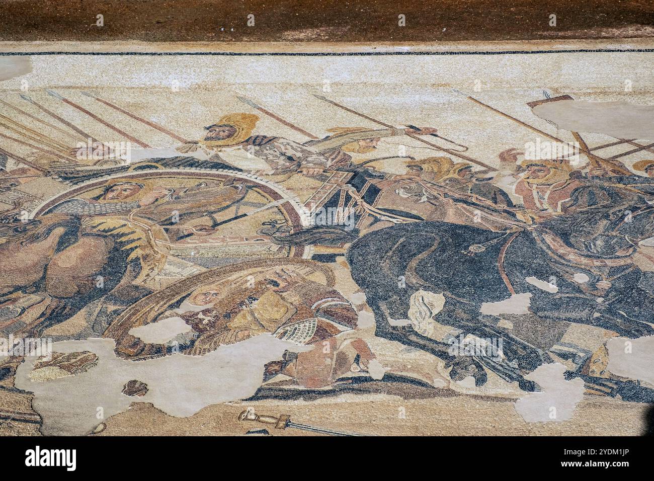 Section d'une mosaïque dans la Maison du Faun, Pompéi, Italie représentant Darius III de Perse essayant de tourner son char pour faire face à Alexandre le Grand. Banque D'Images