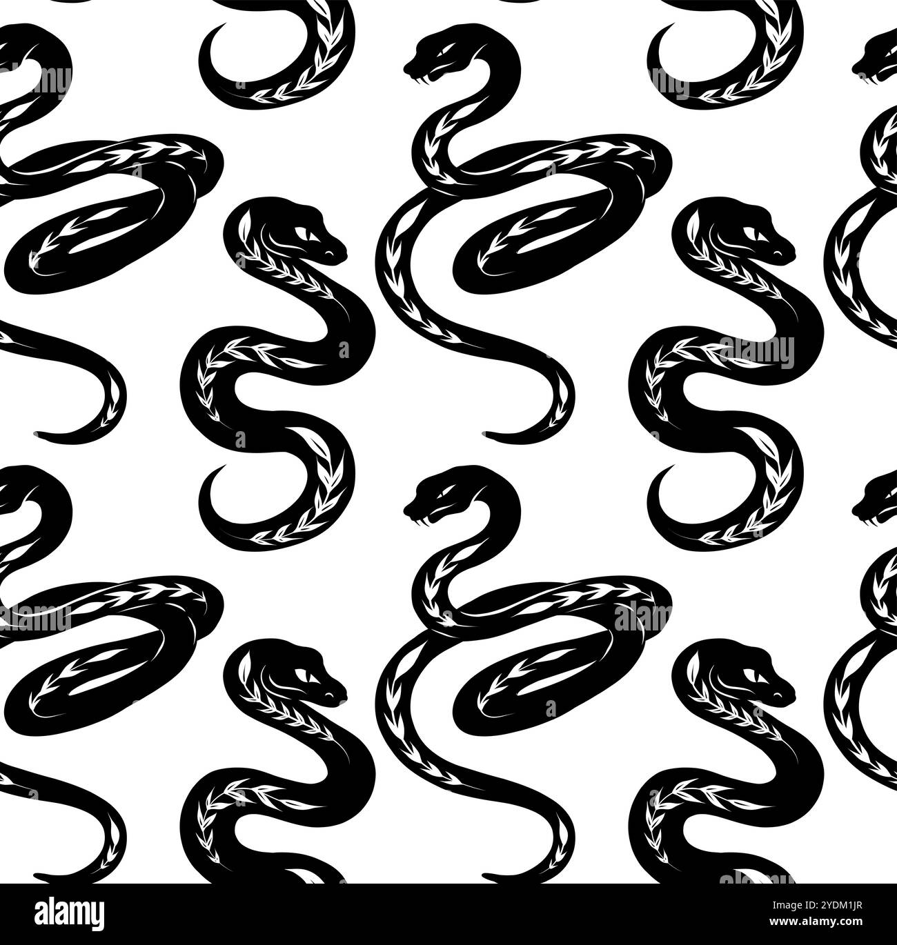 Vecteur modèle sans couture avec des silhouettes noires de serpents avec des ornements de plante sur un fond blanc. Texture monochrome avec des serpents pour les tissus Illustration de Vecteur