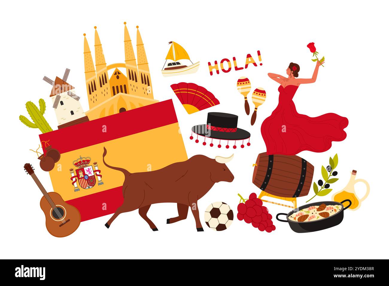 Voyage en Espagne, éléments de la culture espagnole et monuments, danse flamenco de fille et de la nourriture dans le collage infographique. Drapeau de l'Espagne et de la Sagrada Familia, tonneau de vin et illustration vectorielle de dessin animé de taureau Illustration de Vecteur