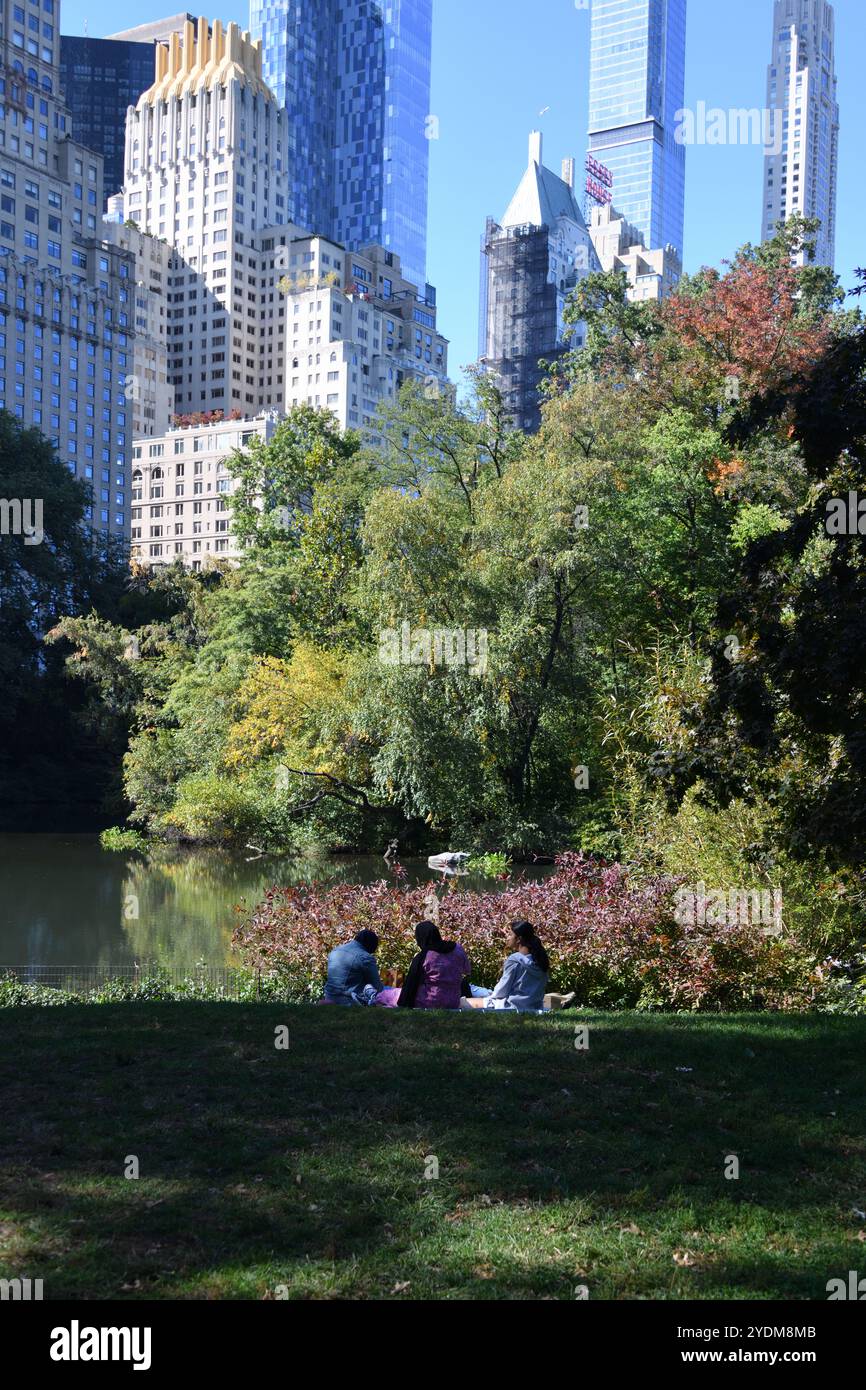 Les gens se détendent sur l'herbe dans la relative tranquillité de Central Park New York octobre 2024 Banque D'Images