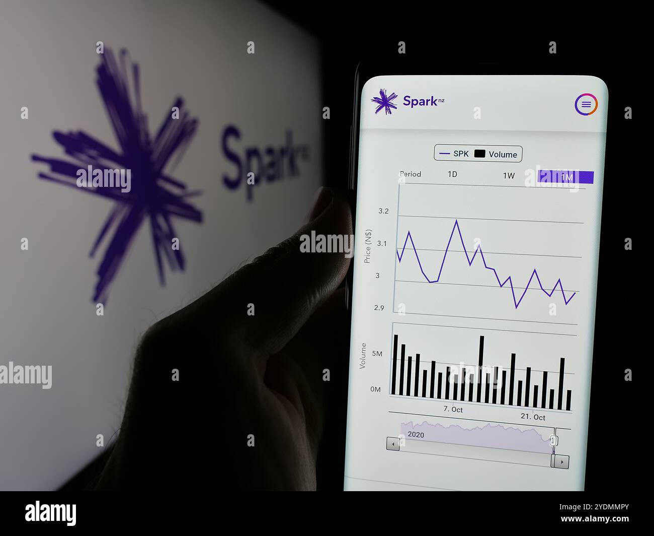 Personne tenant le téléphone portable avec la page Web de la société de télécommunications Spark New Zealand Limited sur l'écran devant le logo. Concentrez-vous sur le centre de l'écran du téléphone. Banque D'Images