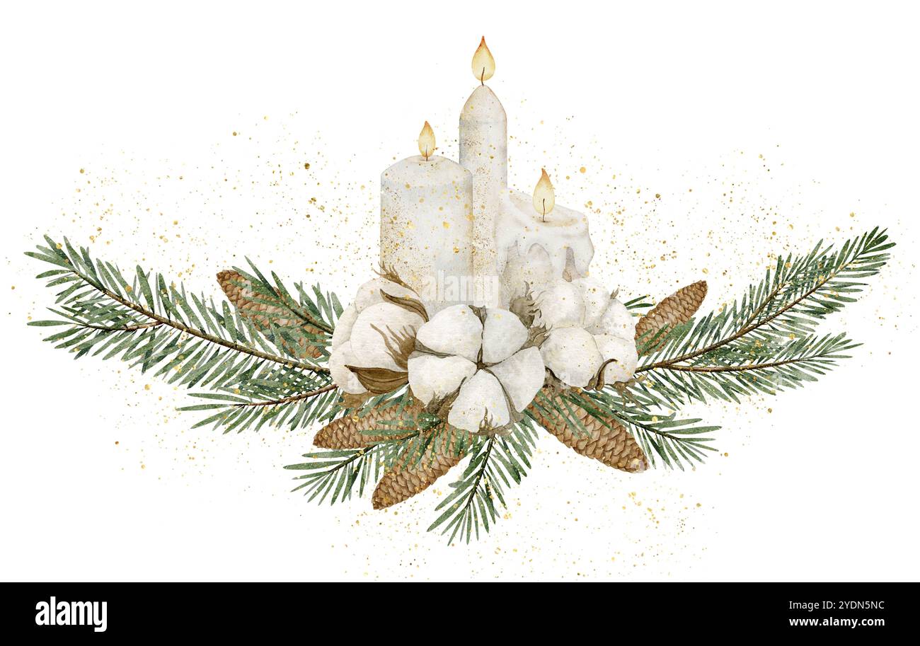 Bougies de Noël avec branches de sapin, pommes de pin et boules de coton. Illustration aquarelle de la lumière des chandelles avec des brindilles de conifères persistantes pour les cartes de voeux du nouvel an ou les invitations de fête de vacances. Banque D'Images
