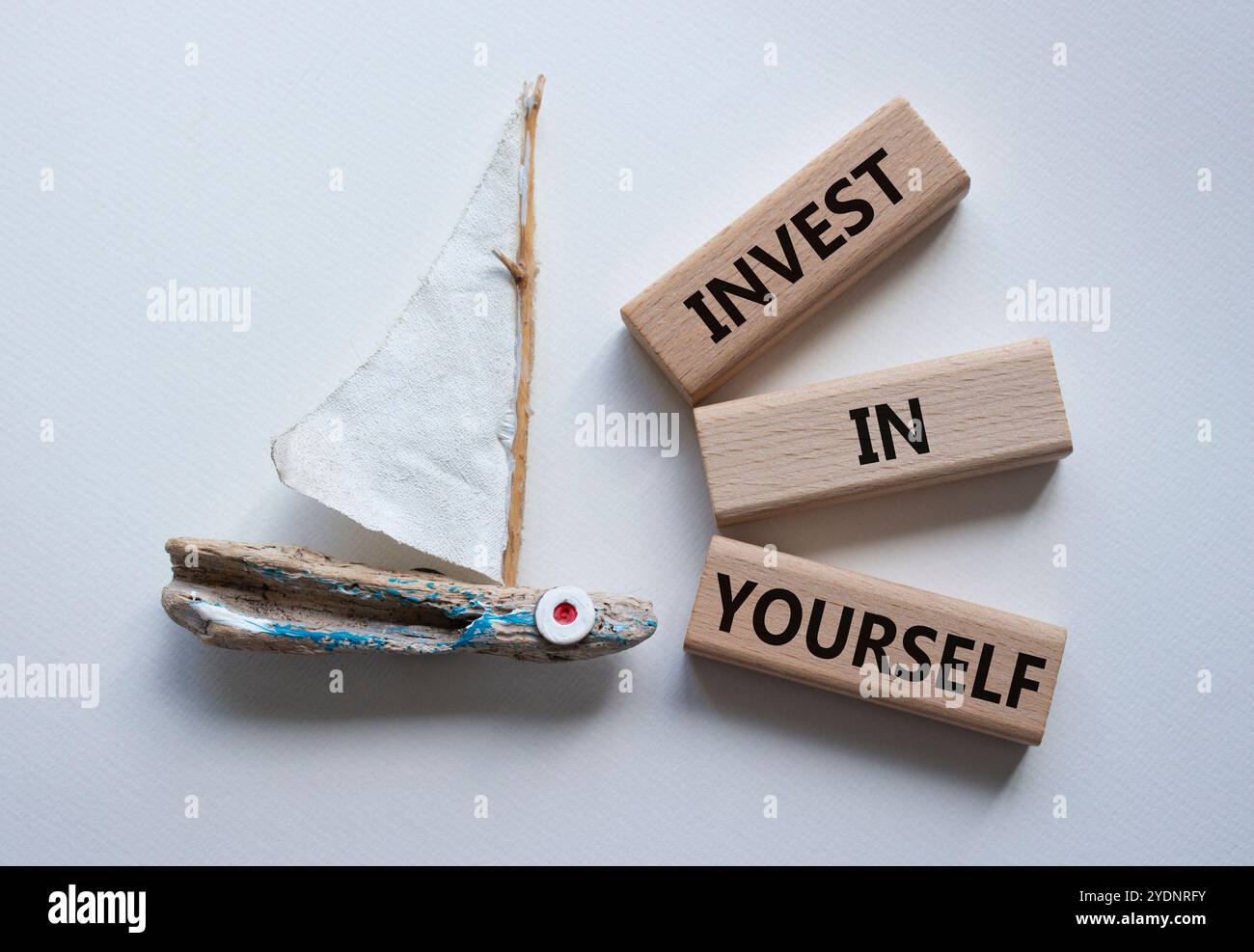 Investissez dans vous symbole. Mots conceptuels investissez en vous-même sur des blocs de bois. Beau fond blanc avec bateau. Affaires et investir dans vous co Banque D'Images