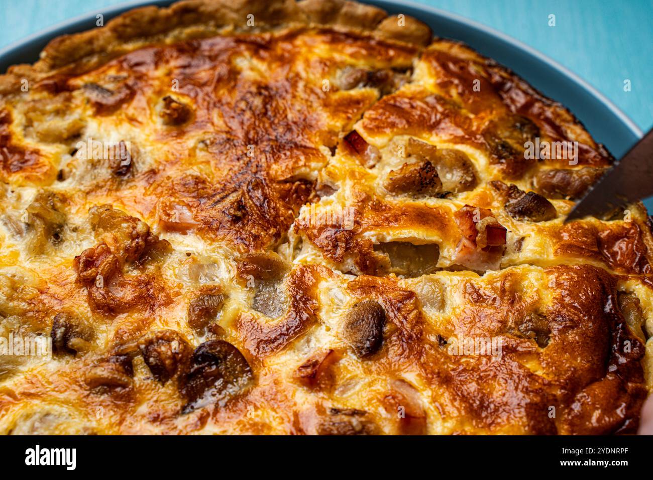 Quiche Laurent selon une recette traditionnelle française. Tarte au poulet et aux champignons sur une assiette sur fond bleu. Un morceau de tarte est coupé avec un Banque D'Images