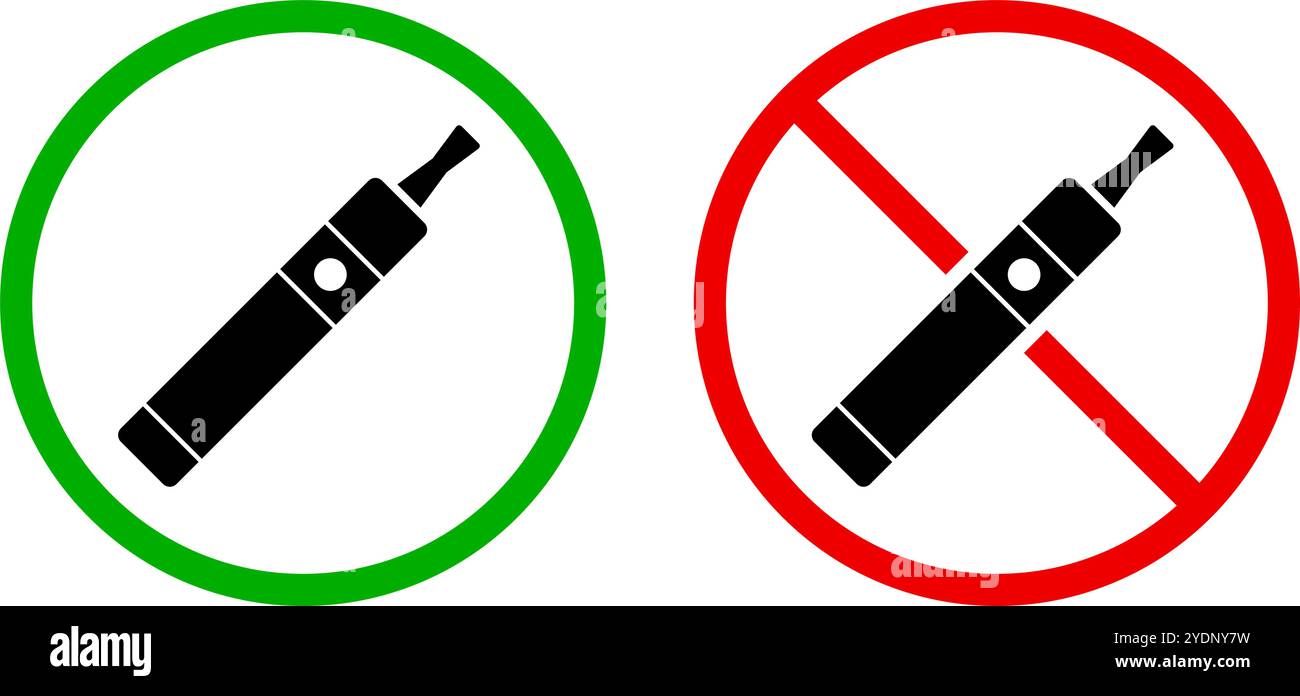 Jeu d'icônes de cigarette électronique autorisée et interdite. Jeu d'icônes de restrictions de cigarette électronique. Vecteur modifiable. Illustration de Vecteur