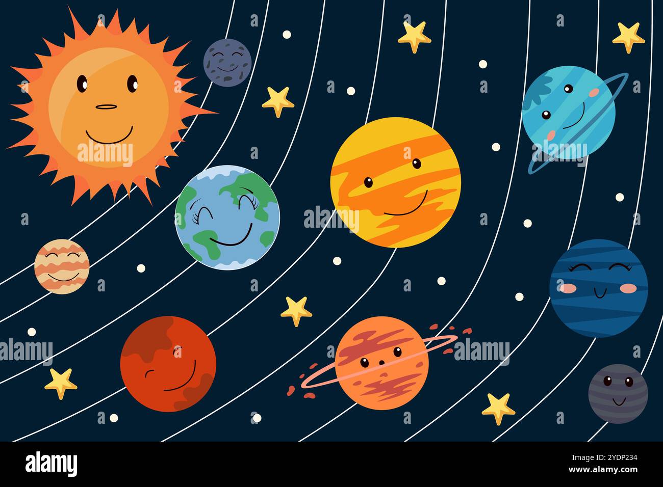 Affiche avec des planètes mignonnes du système solaire. Colorés personnages drôles mignons soleil et planètes. Affiche des planètes fantastiques pour les textiles pour enfants, emballage Illustration de Vecteur