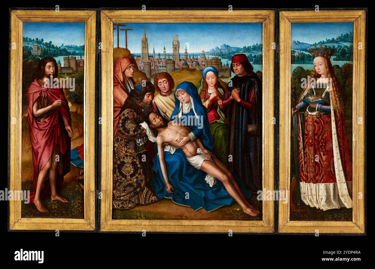 Lamentation avec Saint Jean Baptiste et Sainte Catherine d'Alexandrie. Maître de la légende de Sainte Lucy. 1493-1501. Banque D'Images