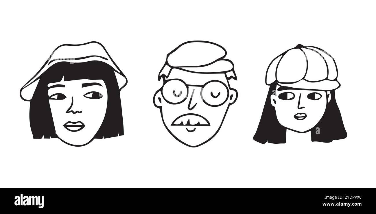 Trois lignes de dessins animés avec des chapeaux. Noir blanc dessiné à la main têtes de personnes visages avec bouc, moustache. Ensemble vectoriel d'illustrations sur fond blanc Illustration de Vecteur