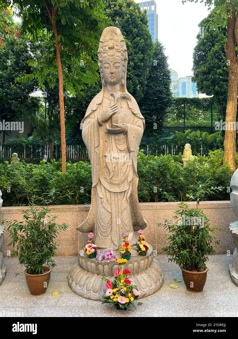 Offrande de fleurs pour la statue de la Déesse de la Miséricorde, Guanyin. Elle est une incarnation physique de la compassion. Le Singapore Buddhist Lodge. Vertical. Singapour Banque D'Images