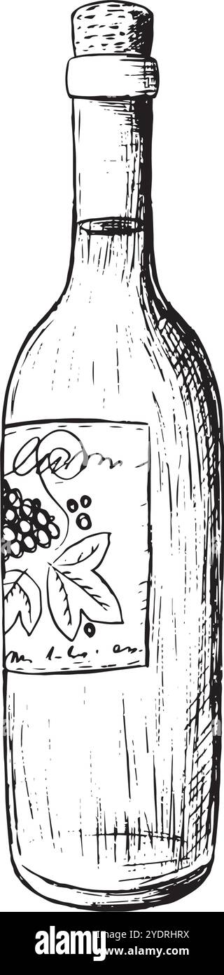 Une illustration élaborée et détaillée d'une bouteille de vin présentant un motif de raisin magnifiquement conçu sur son étiquette. Graphismes vectoriels en noir et blanc dessinés à la main en dessin au trait pour les matériaux imprimés, les intérieurs et plus encore. Illustration de Vecteur Une illustration élaborée et détaillée d'une bouteille de vin présentant un motif de raisin magnifiquement conçu sur son étiquette. Graphismes vectoriels en noir et blanc dessinés à la main en dessin au trait pour les matériaux imprimés, les intérieurs et plus encore. Illustration de Vecteur