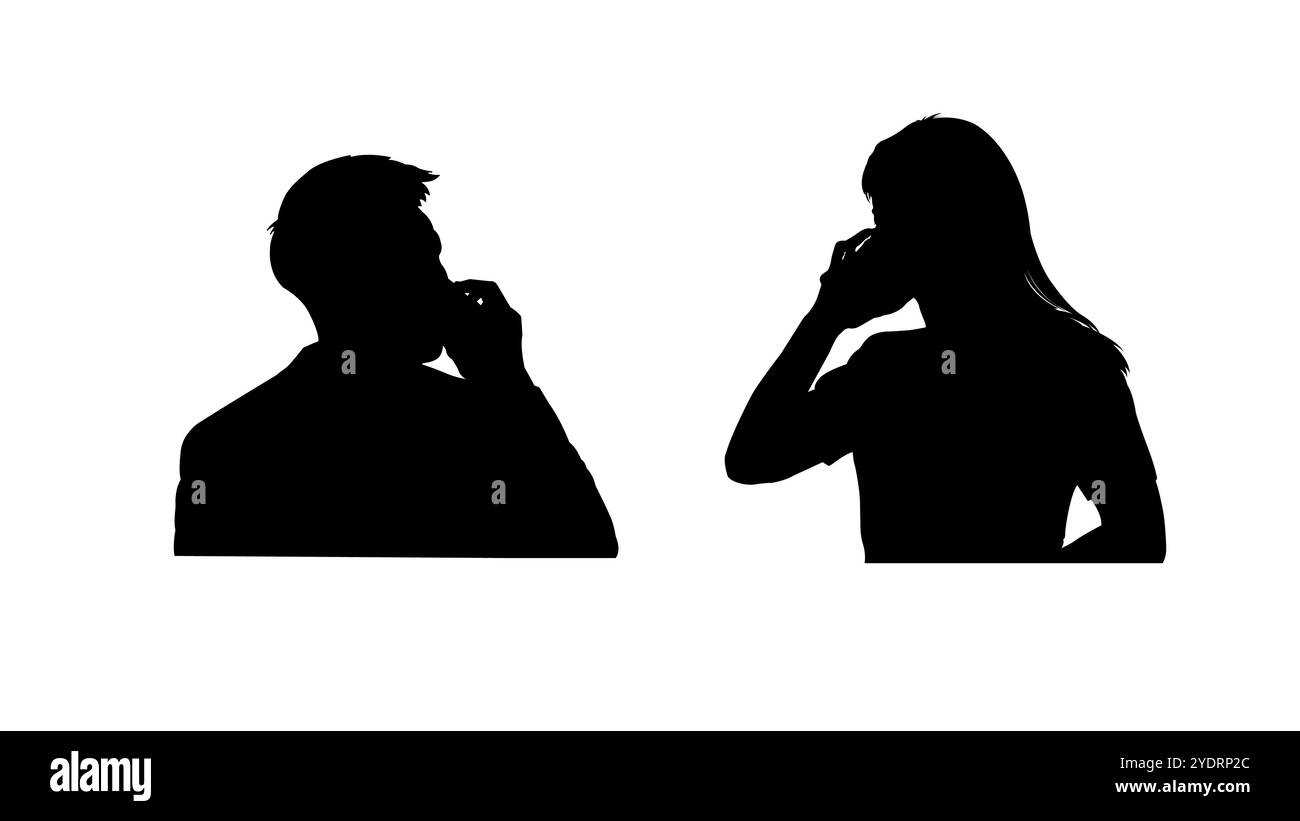 La silhouette des hommes et des femmes au téléphone crée un sentiment d'intimité et de connexion. Le contraste sombre et clair de l'image souligne le mystère o Illustration de Vecteur