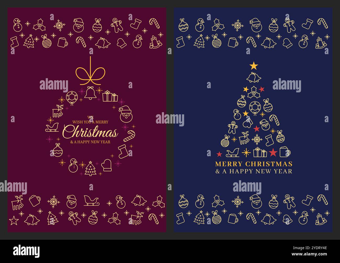 Joyeux Noël et motif carte de bonne année. Arbre de Noël et couronne ou boule de Noël icône affiche, carte de voeux, bannière web ou fond Illustration de Vecteur