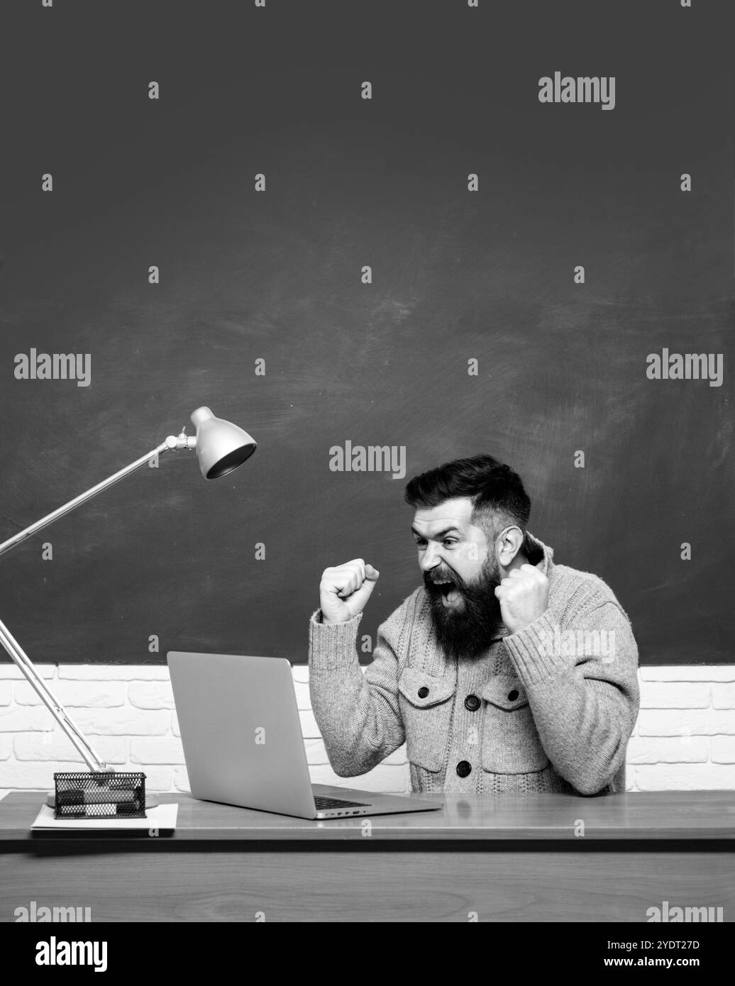 Professeur barbu dans une classe d'éducation près du tableau noir. Jeune étudiante prête à écrire des tests d'examen. Tutorat. Étudiant travaillant sur ordinateur portable à l'université Banque D'Images