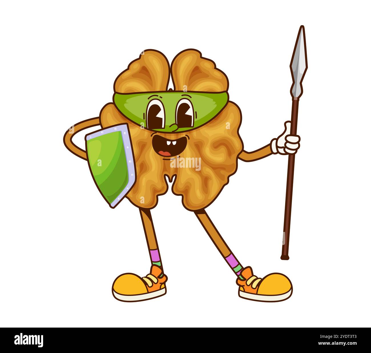 Personnage de super-héros groovy noyer habillé en guerrier, avec un masque vert, un bouclier et une lance, respire la bravoure et la force tout en tenant une pose défensive. Vecteur de dessin animé nutrition saine Illustration de Vecteur