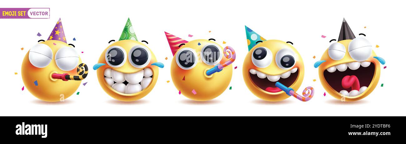 Jeu de vecteur d'anniversaire emoji. Emojis 3d émoticône personnage de fête d'anniversaire comme clown portant des chapeaux colorés élément dans heureux, profiter et rire visage Illustration de Vecteur