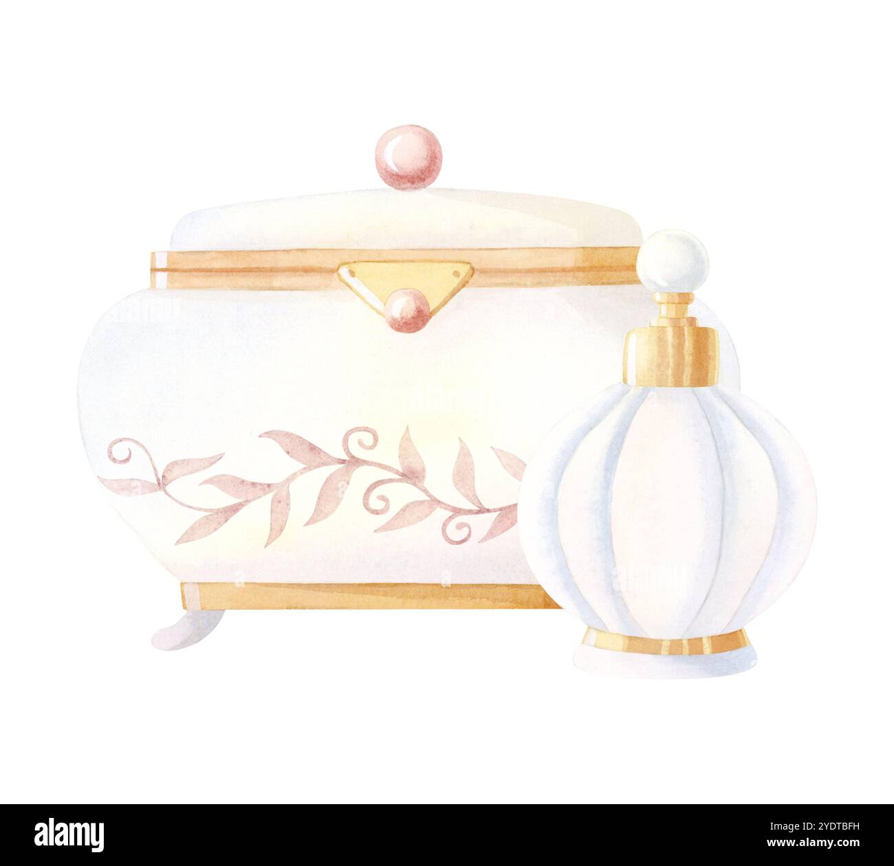Boîte à bijoux blanche à l'aquarelle décorée de perles avec bouteille de parfum en or vintage illustration isolée à l'aquarelle Banque D'Images