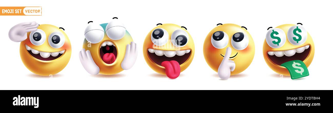 Jeu de vecteurs de caractères émoticônes emoji. Emojis caractère d'émoticône jaune avec salut, coquine, drôle, calme et riche collection d'icônes d'expression faciale Illustration de Vecteur