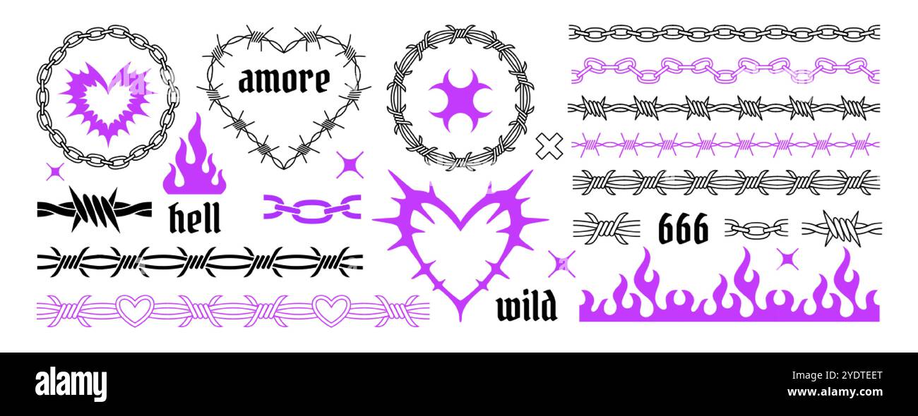 Jeu de tatouages gothiques Y2K. Éléments tribaux néo, stickers goth, flamme de feu, coeur de fil de fer barbelé et chaînes emo punk rock. Icône de cyber sigilisme noir et violet néotribal dessinée à la main dans un style psychédélique à la mode Illustration de Vecteur