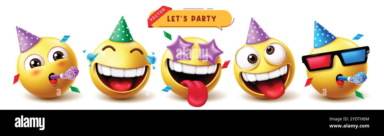Emoji fête d'anniversaire émoticône personnages vectoriels ensemble. Emojis émoticône collection d'icônes de caractère comme clown d'anniversaire dans le visage heureux, vilain et drôle Illustration de Vecteur