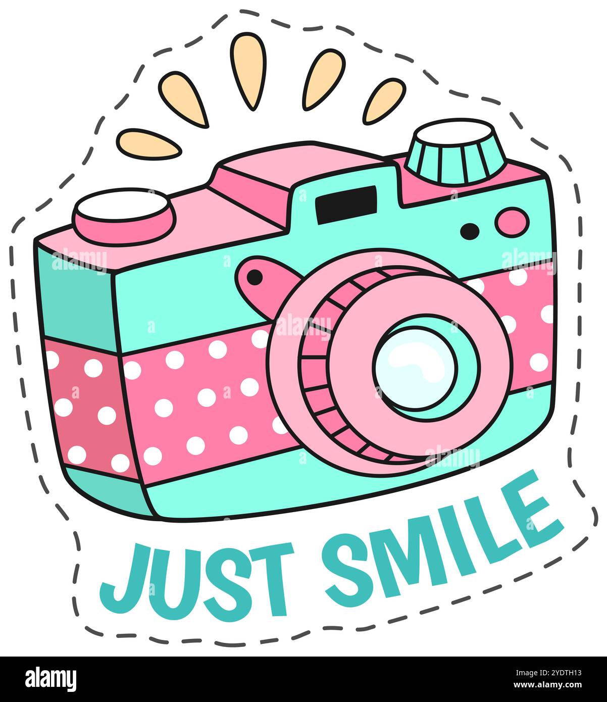 Appareil photo vintage turquoise et rose clignotant, encourageant un sourire, dans un style kawaii, ludique et joyeux Illustration de Vecteur