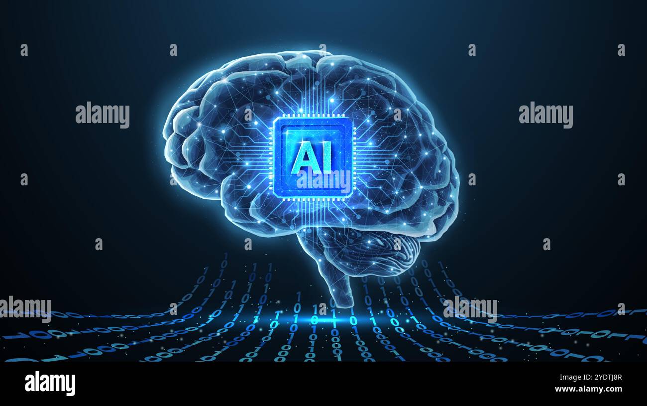 Cerveau avec puce ai à l'intérieur. Intelligence artificielle, science du cerveau, système neurologique Illustration de Vecteur