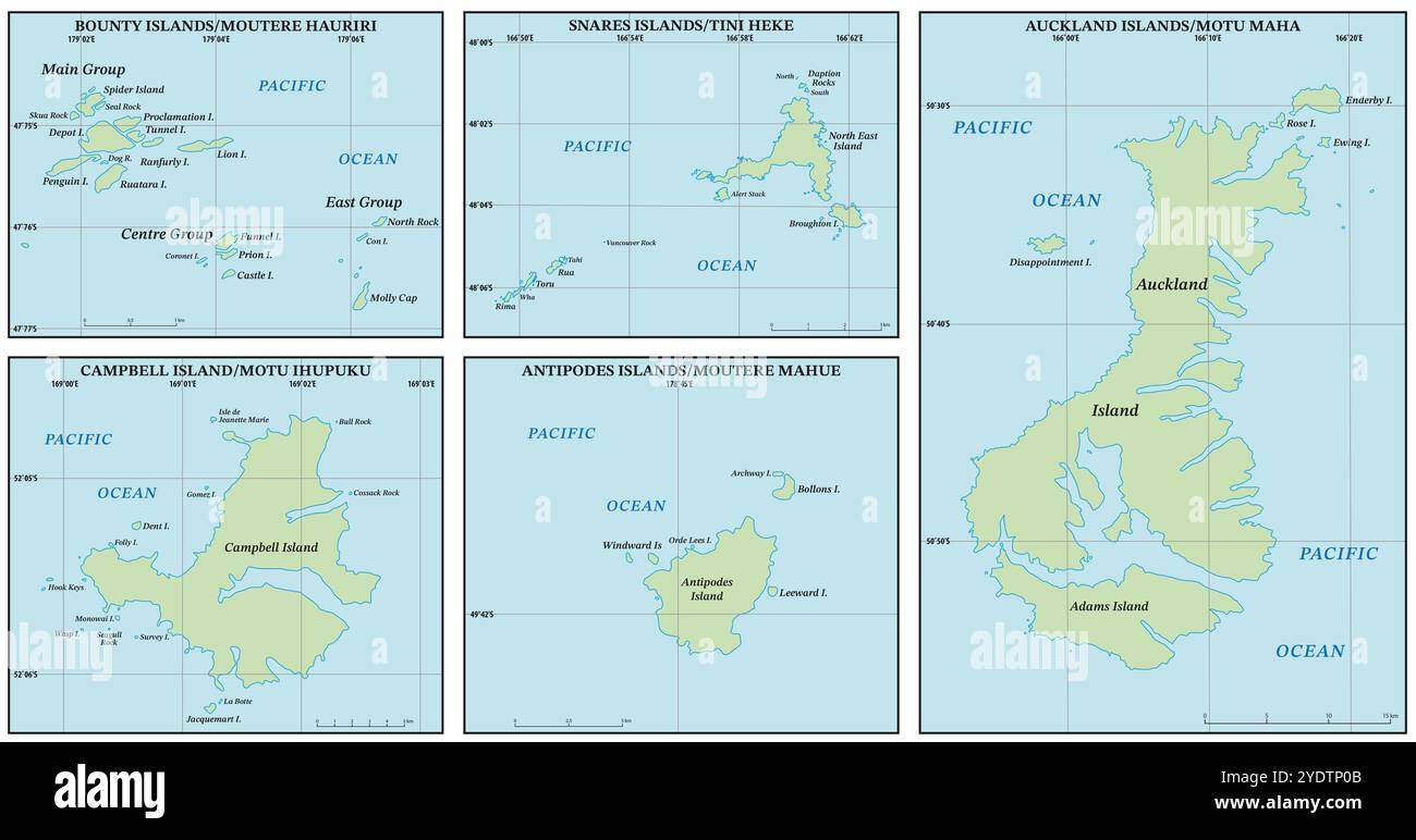 Carte vectorielle des îles subantarctiques de Nouvelle-Zélande Banque D'Images
