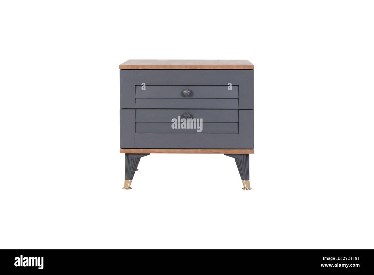Table de nuit moderne grise et bois avec deux tiroirs et accents en laiton - meuble de chambre élégant Banque D'Images
