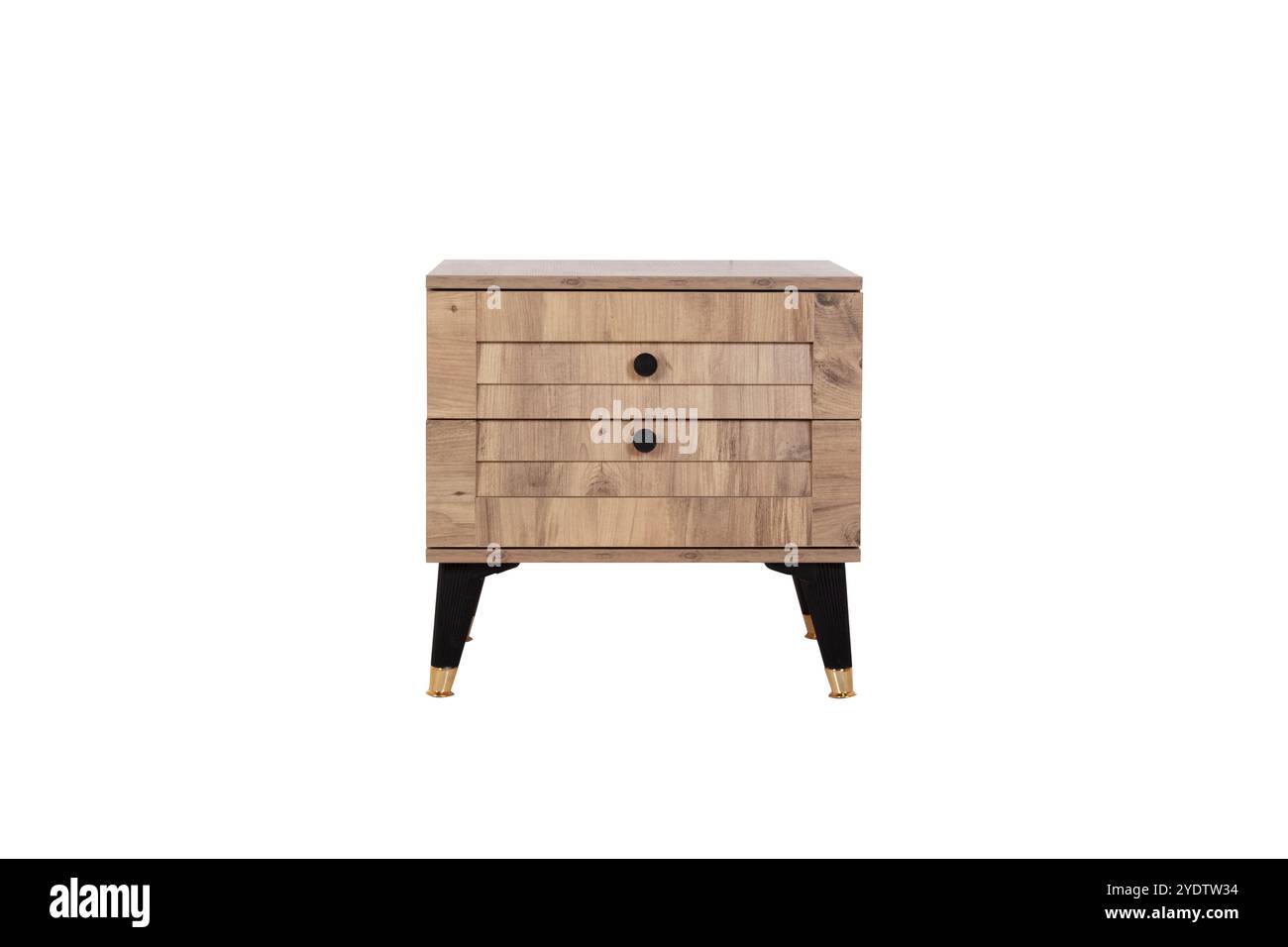 Table de nuit moderne jaune-brun et bois avec deux tiroirs et accents en laiton - pièce de mobilier de chambre élégante Banque D'Images