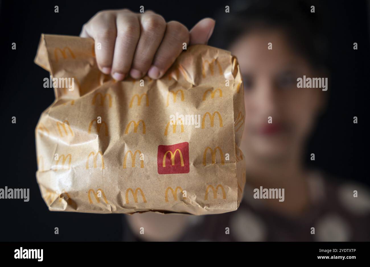 Un paquet de hamburger McDonald's à emporter le 26 octobre 2024 à Guwahati, en Inde. Les récents problèmes de sécurité alimentaire de McDonald's provoquant une baisse des stocks de 5 %, après e- Banque D'Images