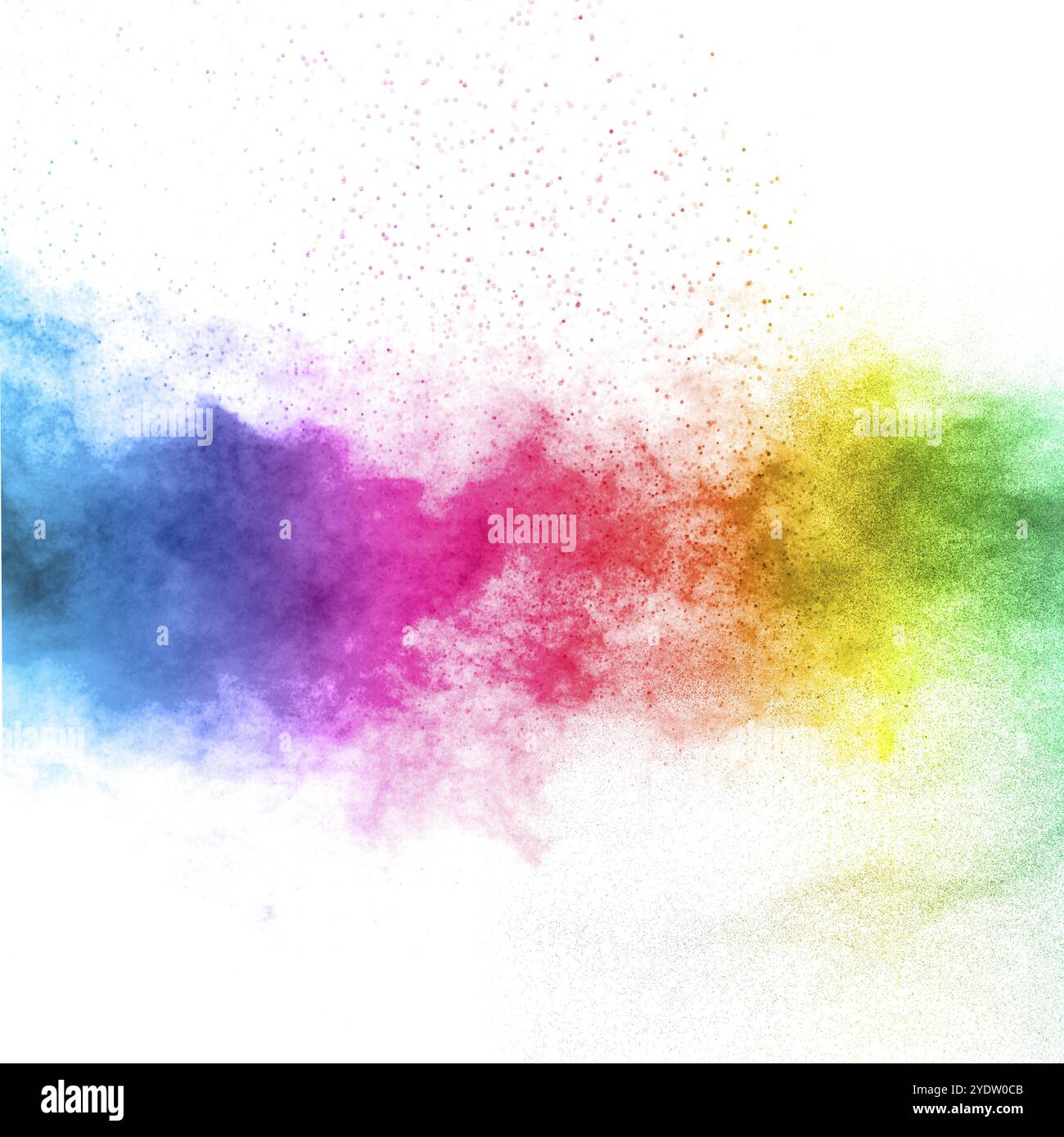 Explosion de poudre multicolore abstraite sur fond blanc. Geler le mouvement des éclaboussures de particules de poussière. Holi peint en festival Banque D'Images
