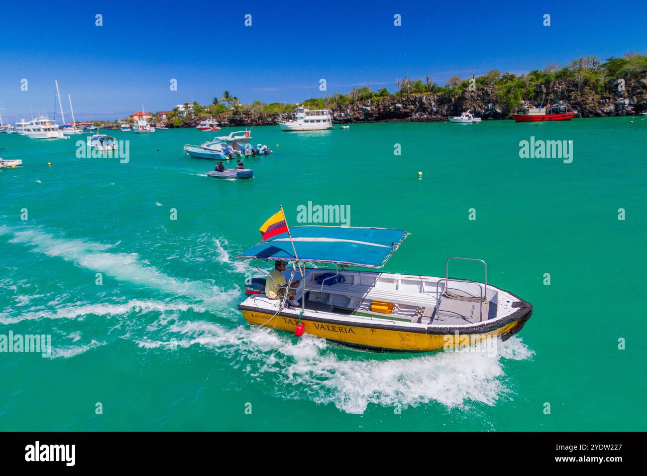 Vue panoramique des bateaux à la ville portuaire de Puerto Ayora, île de Santa Cruz, archipel des îles Galapagos, site du patrimoine mondial de l'UNESCO, Équateur Banque D'Images
