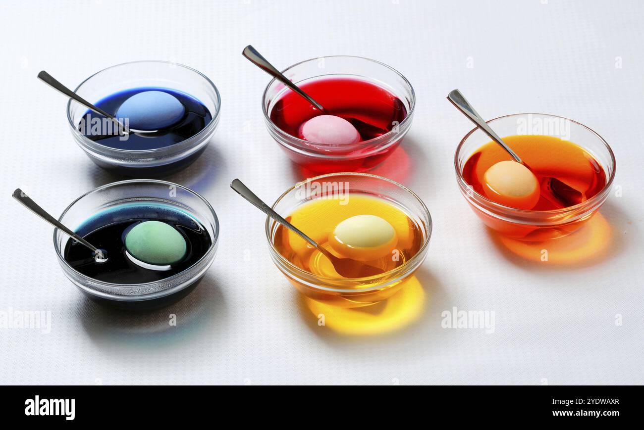 Cinq bols avec des oeufs dans des teintures de différentes couleurs Banque D'Images