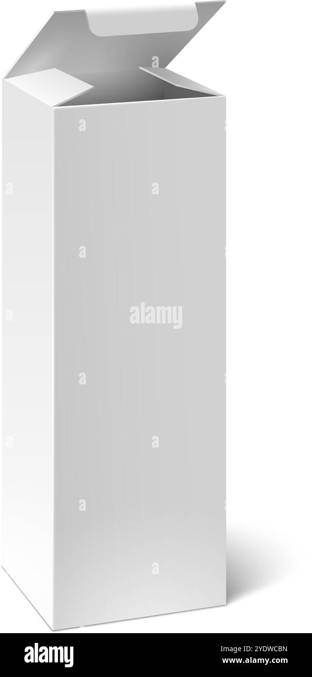 Boîte en carton blanc s'ouvrant sur un fond blanc, parfait pour mettre en valeur des produits au design épuré. Idéal pour les besoins de marketing et de marque Illustration de Vecteur