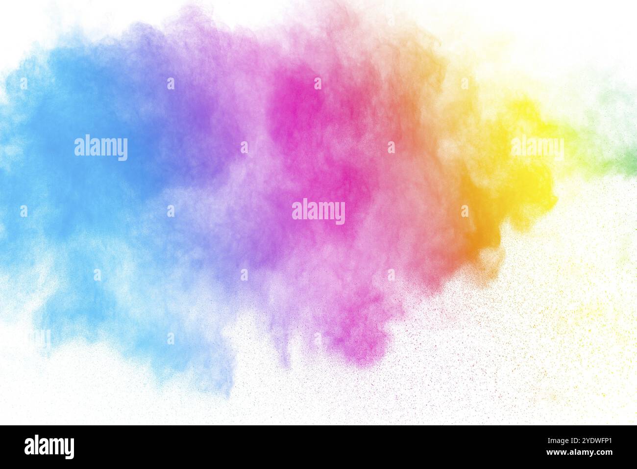Explosion de poudre multicolore abstraite sur fond blanc. Geler le mouvement des éclaboussures de particules de poussière. Holi peint en festival Banque D'Images