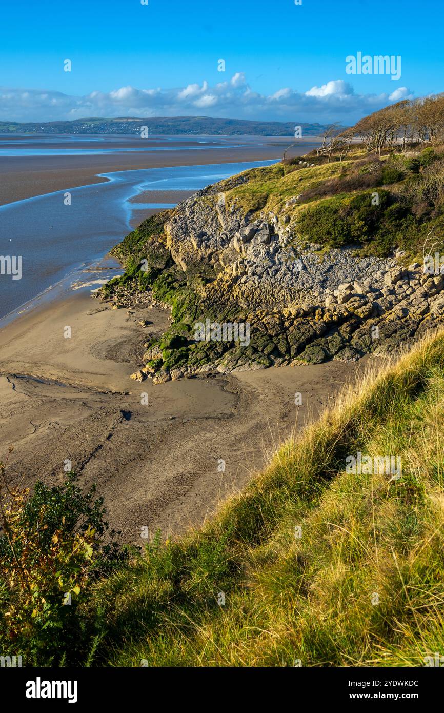 Falaises escarpées sur la zone Jack Scout de la côte à Silverdale sur Morecambe Bay. Vu au point où la rivière Kent se jette dans la baie. Banque D'Images