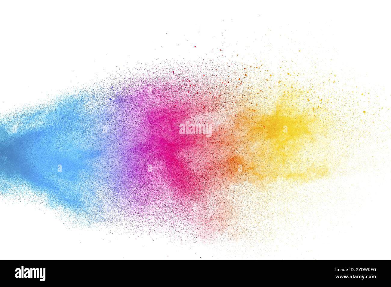 Fond texturé de particules de poussière colorées abstraites. Explosion de poudre multicolore sur fond blanc Banque D'Images