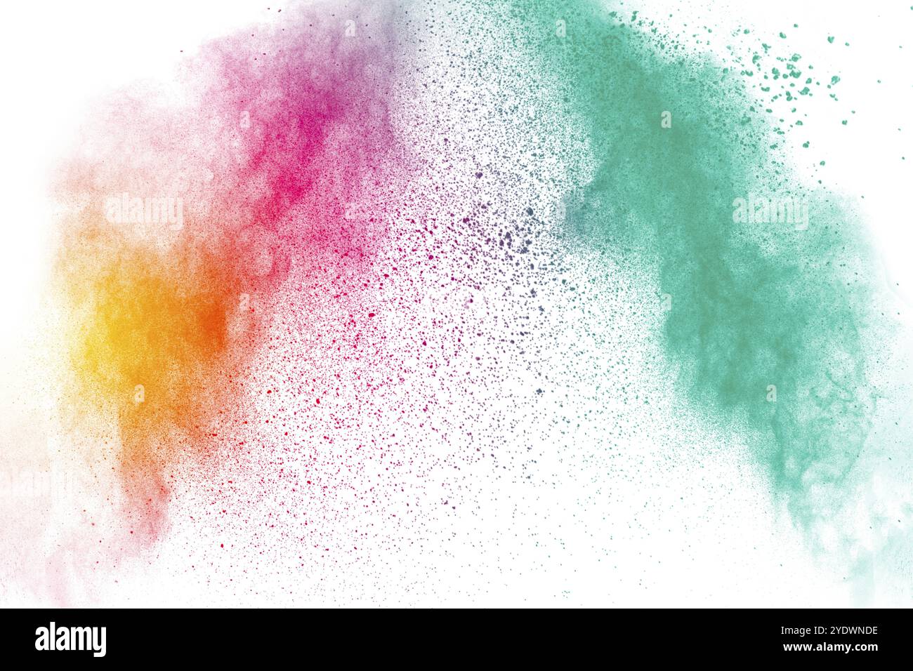 Explosion colorée de poudre sur fond blanc. Éclaboussures de particules de poussière de couleur pastel abstraite Banque D'Images