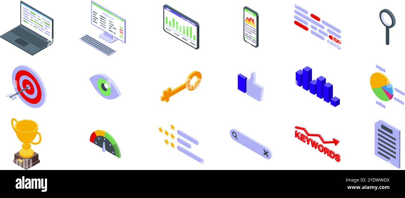 Icônes de classement de mots-clés définies. Icônes isométriques représentant divers aspects du référencement, y compris le ciblage, la vision, la recherche de mots clés, la mesure de la performance, et réussir Illustration de Vecteur