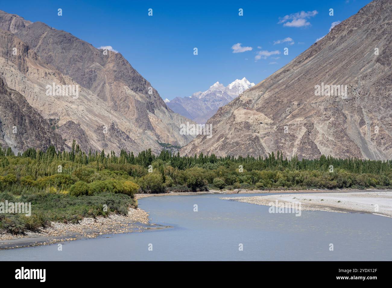Paysage rural pittoresque dans la vallée de la rivière Shyok avec des sommets de Karakoram en arrière-plan, Ghanche, Gilgit-Baltistan, Pakistan Banque D'Images