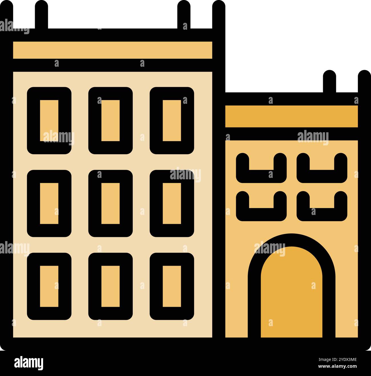 Façade d'un bâtiment ancien avec des fenêtres carrées et une entrée voûtée, dans un style linéaire Illustration de Vecteur