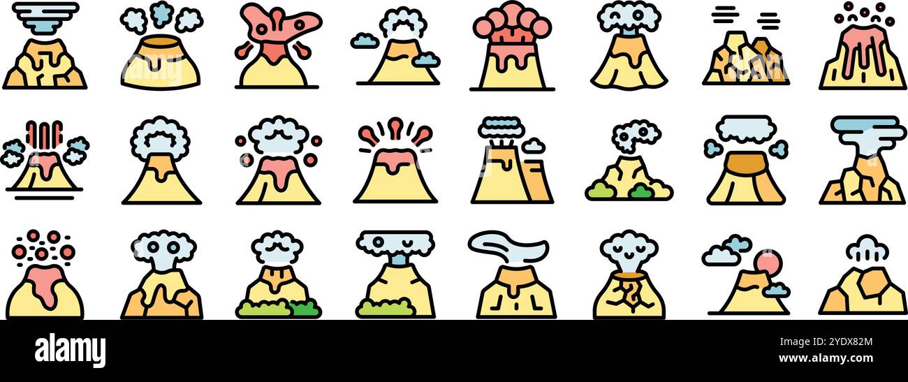 Volcans en éruption de fumée et de lave, créant une scène dramatique et puissante, parfaite pour illustrer des catastrophes naturelles ou des concepts géologiques Illustration de Vecteur