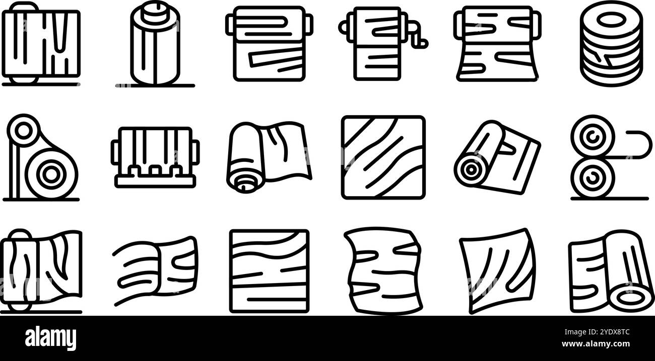 Jeu d'icônes de film étirable cellophane. Ensemble d'icônes de placage de bouleau, style de contour. Écorce de bouleau, bois laminé et matériau naturel pour la production de contreplaqué Illustration de Vecteur
