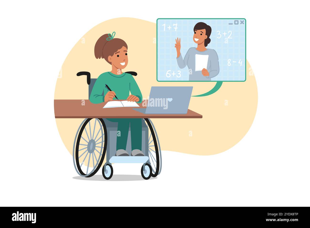 Éducation inclusive pour adolescente assise en fauteuil roulant pendant la leçon de mathématiques en ligne Illustration de Vecteur