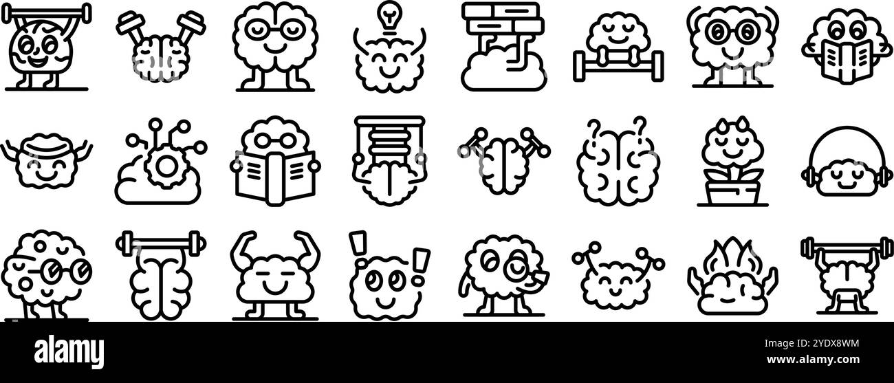 Jeu d'icônes de cerveau d'entraînement. Améliorer les capacités cognitives, promouvoir le bien-être mental et atteindre un état de relaxation profonde grâce à divers exercices cérébraux Illustration de Vecteur