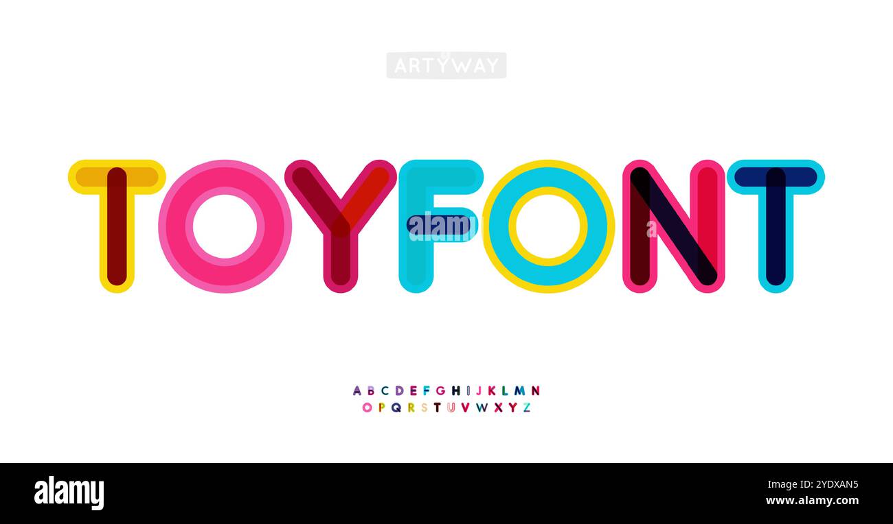 Alphabet arrondi ludique, lettres à bulles audacieuses, police enfantine joyeuse pour la marque de jouets pour enfants, texte éducatif, logo joyeux. Style de dessin animé amical Illustration de Vecteur