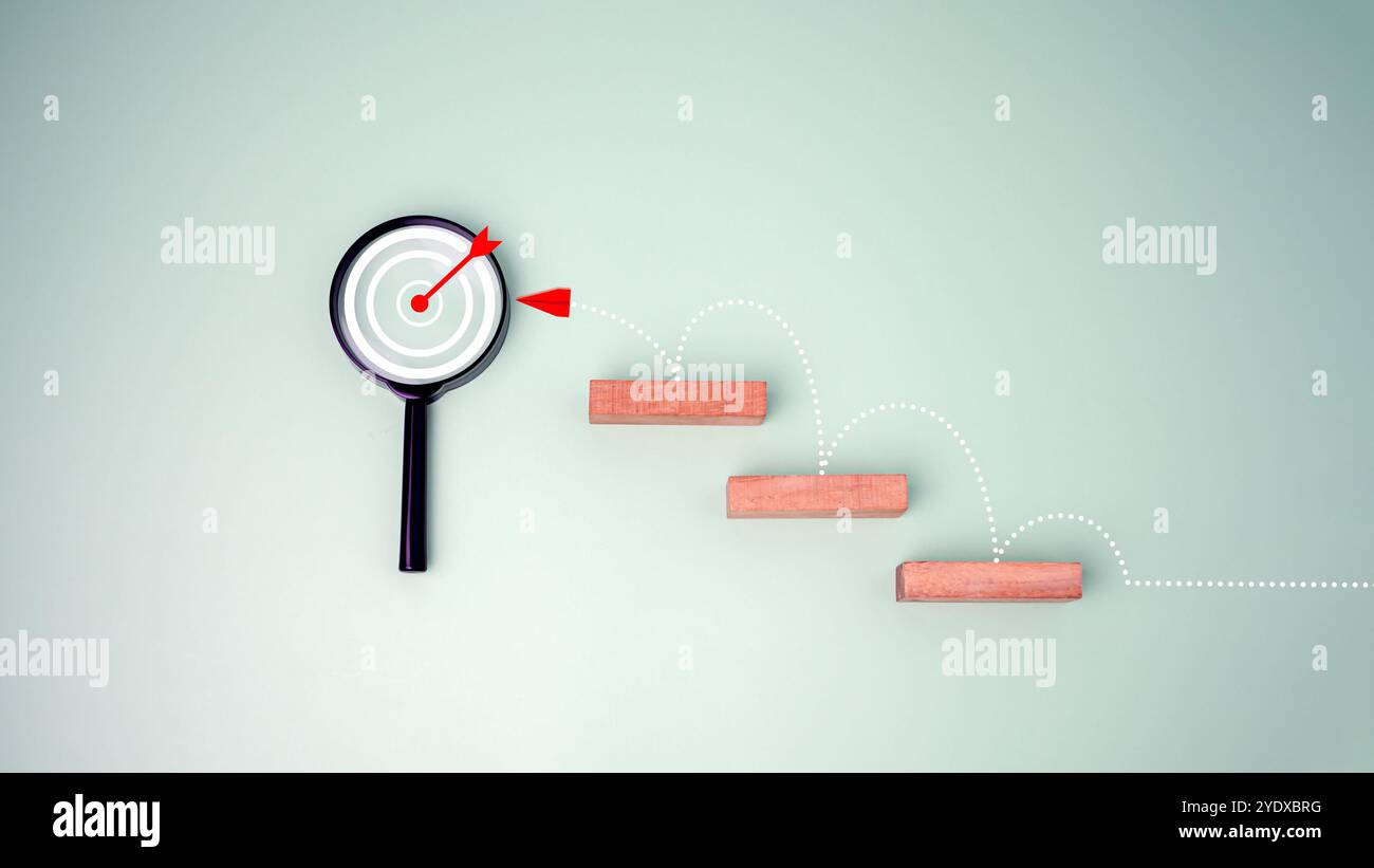 Étape de bloc sur fond vert avec l'icône de tableau cible sur les loupes, objectif d'affaires, succès et concept de cible d'affaires, gestion de projet Banque D'Images