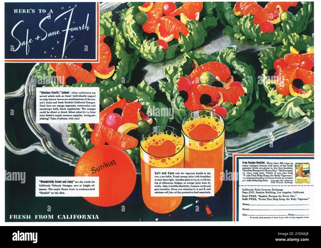 Publicité orange Sunkist California 1937 - « Safe + SANE Fourth » Banque D'Images
